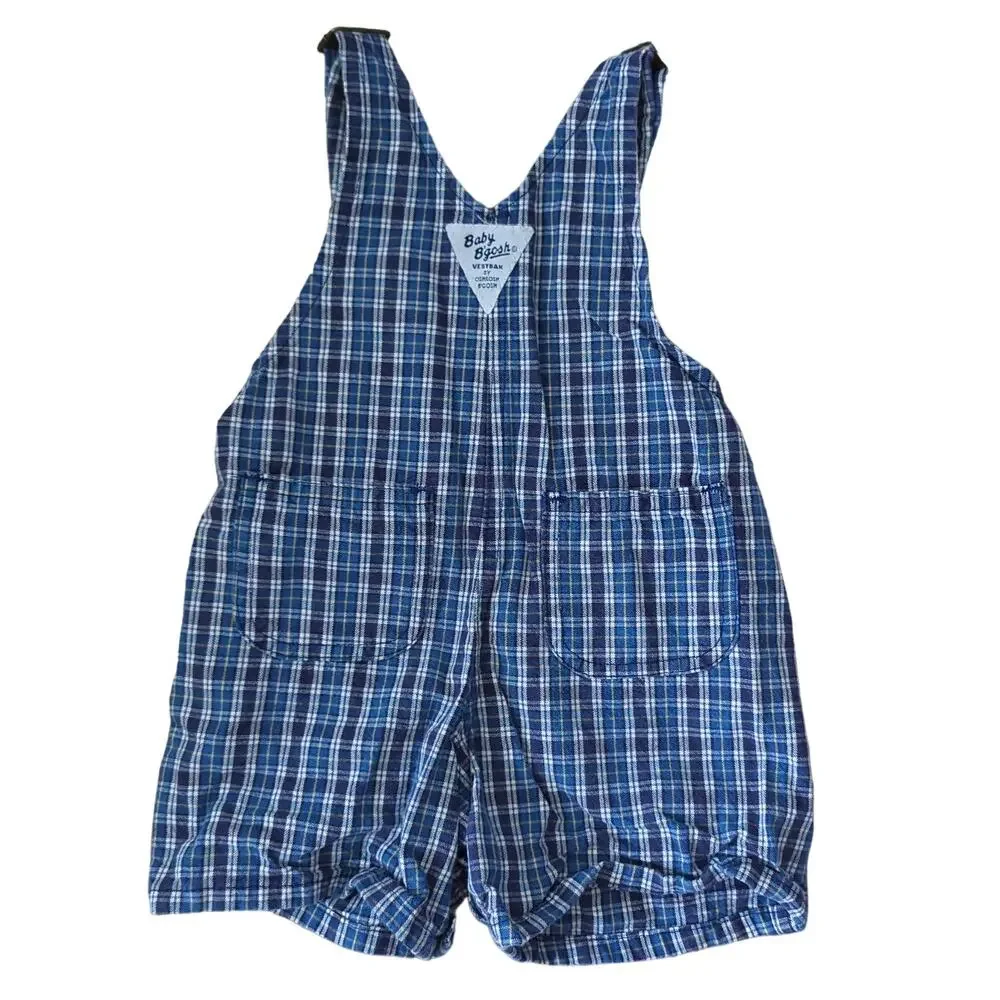 Vintage OshKosh B'gosh Baby Overall Shorts Shortalls Blue Checker Plaid 12 Month